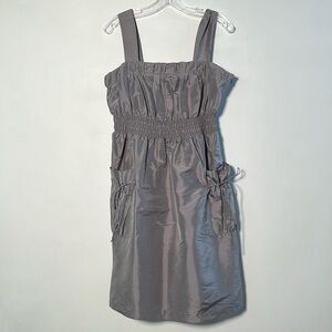 KENSIE Party Guest Silk Smocked Empire Waist Paper Bag Tie Pockets Grey Dress M